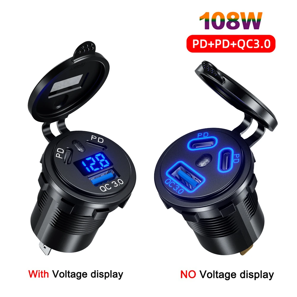 12V/24V 108W USB Car Charger Socket 3 Port Dual 45W PD Type C & 18W Quick Charge 3.0 Power Outlet Fast Charge for Car Motorcycle