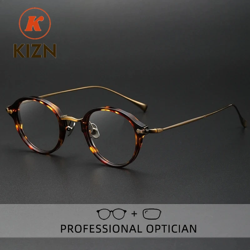 

KIZN New Pure Titanium Anti Blue Ray Reading Glasses Men Retro Round Myopia Glasses Luxury Acetate Prescription Eyewear Frames