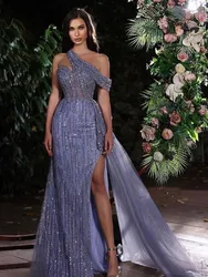 Robe de Rhbrillante à paillettes initiées par la fibre One, appliques A-ligne, robes de soirée fendues sur le côté, dentelle sexy de Rotterdam, sur mesure