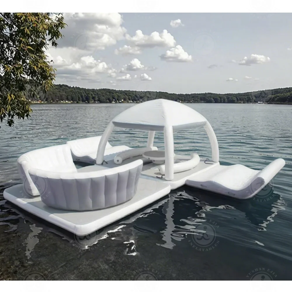 Summer Water Dock Leisure Platform With Tent Inflatable Fishing Cabana Sofa Water Lounge Raft Inflatable Floating Island