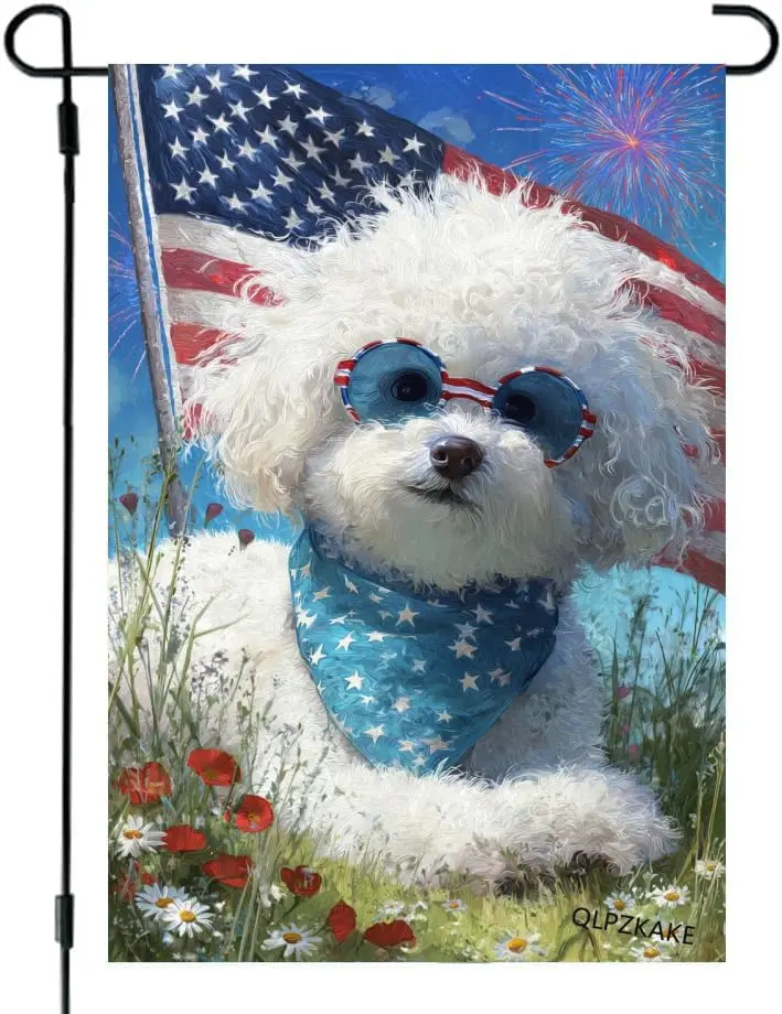 Patriotic 4th of July Garden Flag Bichon Frise American Flag Sunglasses 12x18 Inch Double Sided Outdoor Summer Yard Flag for kkz