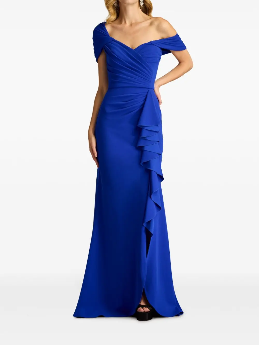 Customized Charming Blue Ruffled Evening Gown One-shoulder Off-shoulder Neckline Bodice Pleated Waist Ruffled Draped Dress