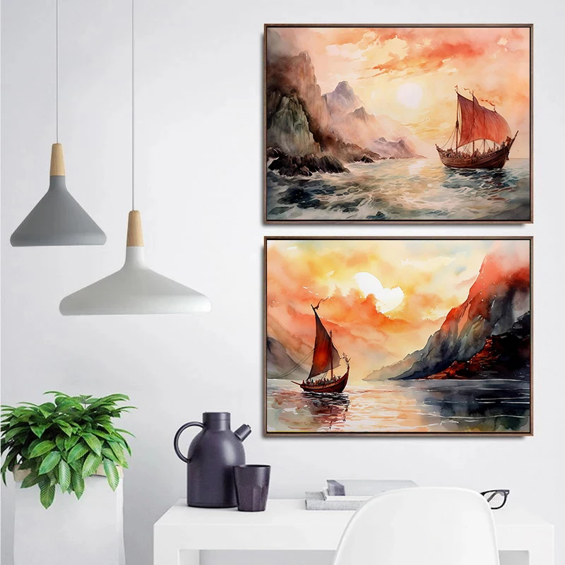 Nordic Pirates Sail in The Waves Poster Red Sails Black Oceans Sailing Fleet Canvas Painting Myth Wall Art Picture Home Decor