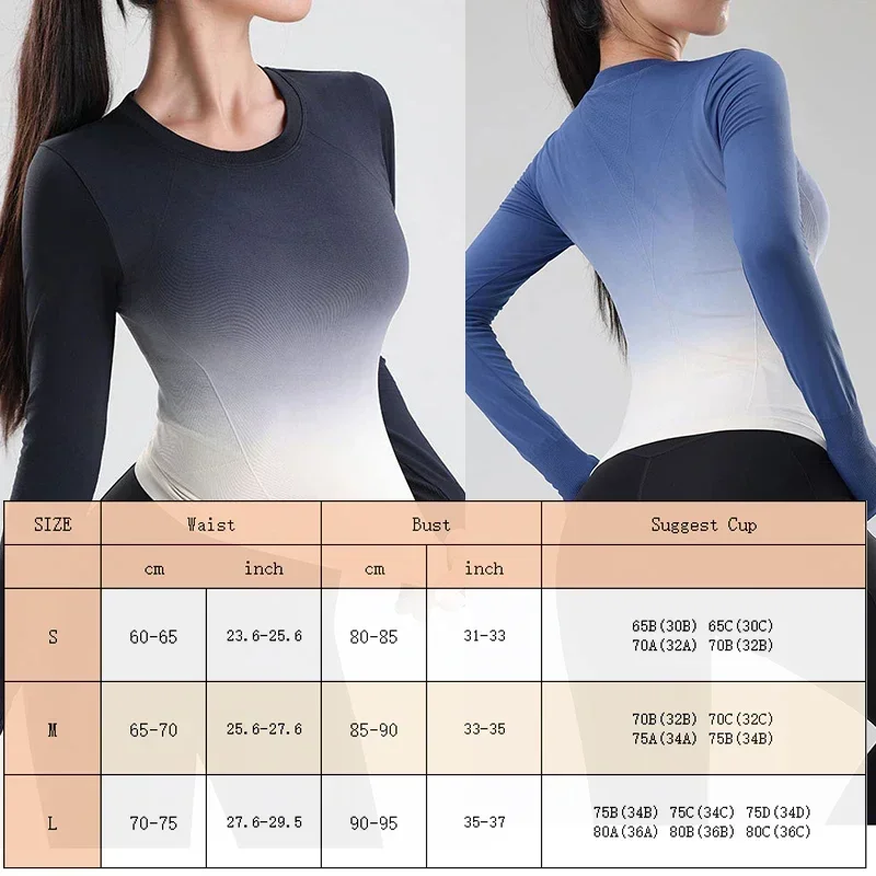 Aiithuug Gradiented Color Gym Tops Yoga Long Sleeve Workout Waist Slim gradient ramp Tops with Tumb Hole Slim Running Jogging