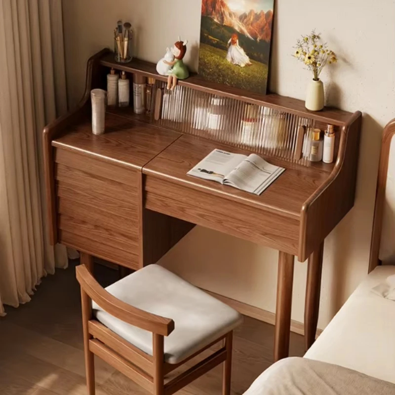 Bedroom dressing table Solid wood clamshell mirror with lamp Modern style Small apartment dressing table