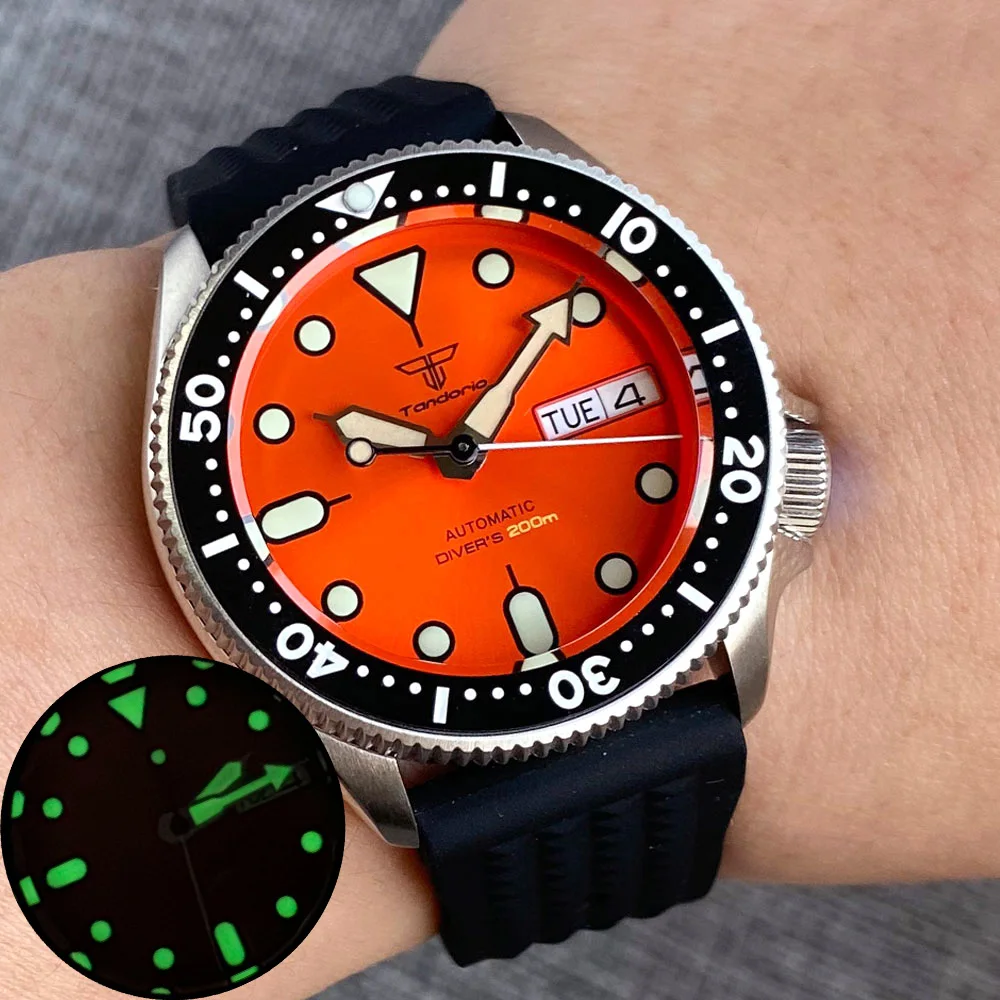 37mm Day/Date NH36A Automatic Movement Men Dive Watch Orange Dial 20ATM Green Luminous Mark Sapphire Glass Ceramic Bezel Rubber