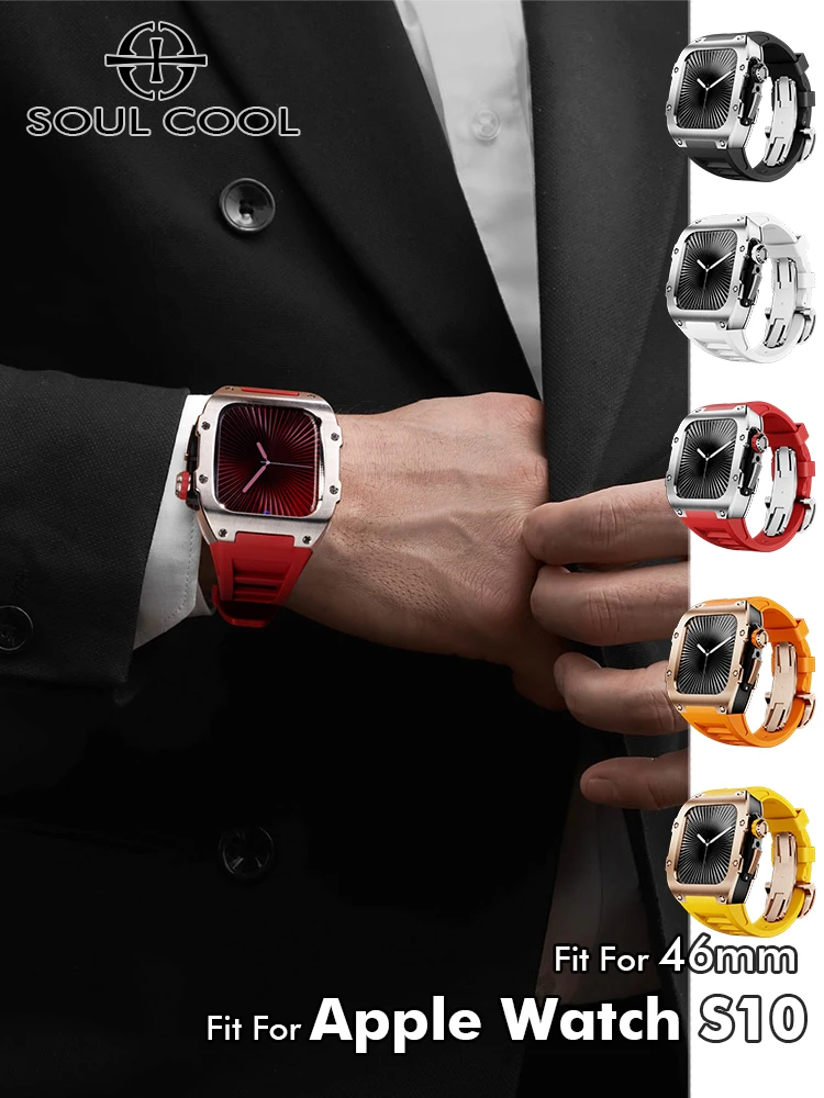 

Stainless steel Case For Apple Watch series 10 46mm, Luxury Protector Modification Kit, Mille Fashion Silicone strap iWatch