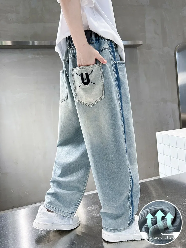 slim-fit-boy's-summer-thin-denim-jeans-straight-leg-casual-long-trousers-trendy-boys-spring-autumn-fashionable-kids-pants
