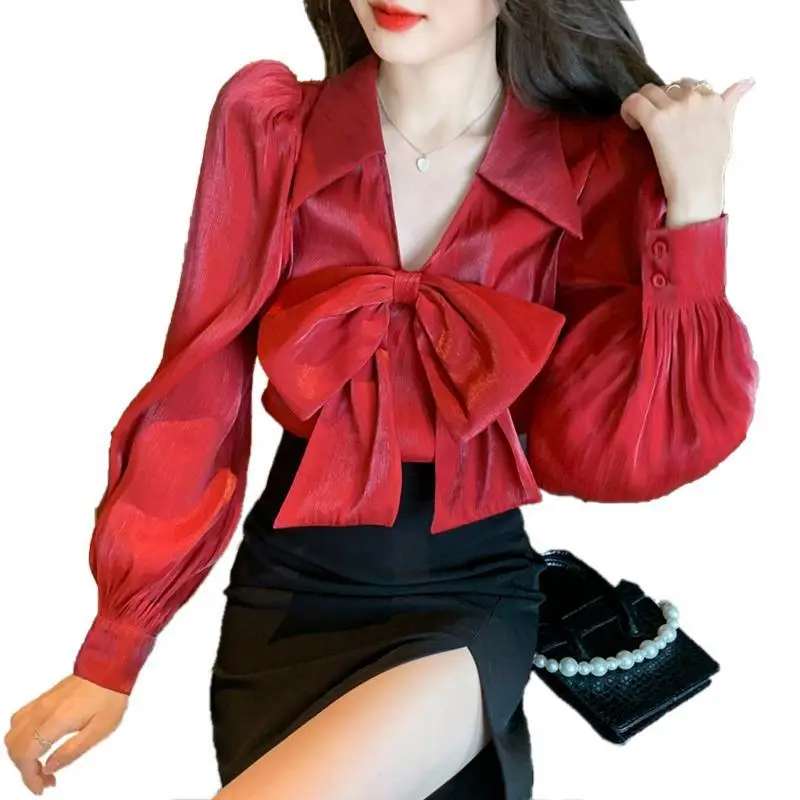 Fashion Lapel Spliced Button Lace Up Bow Blouse Women\'s Clothing 2023 Spring New Casual Pullovers All-match Office Lady Shirt