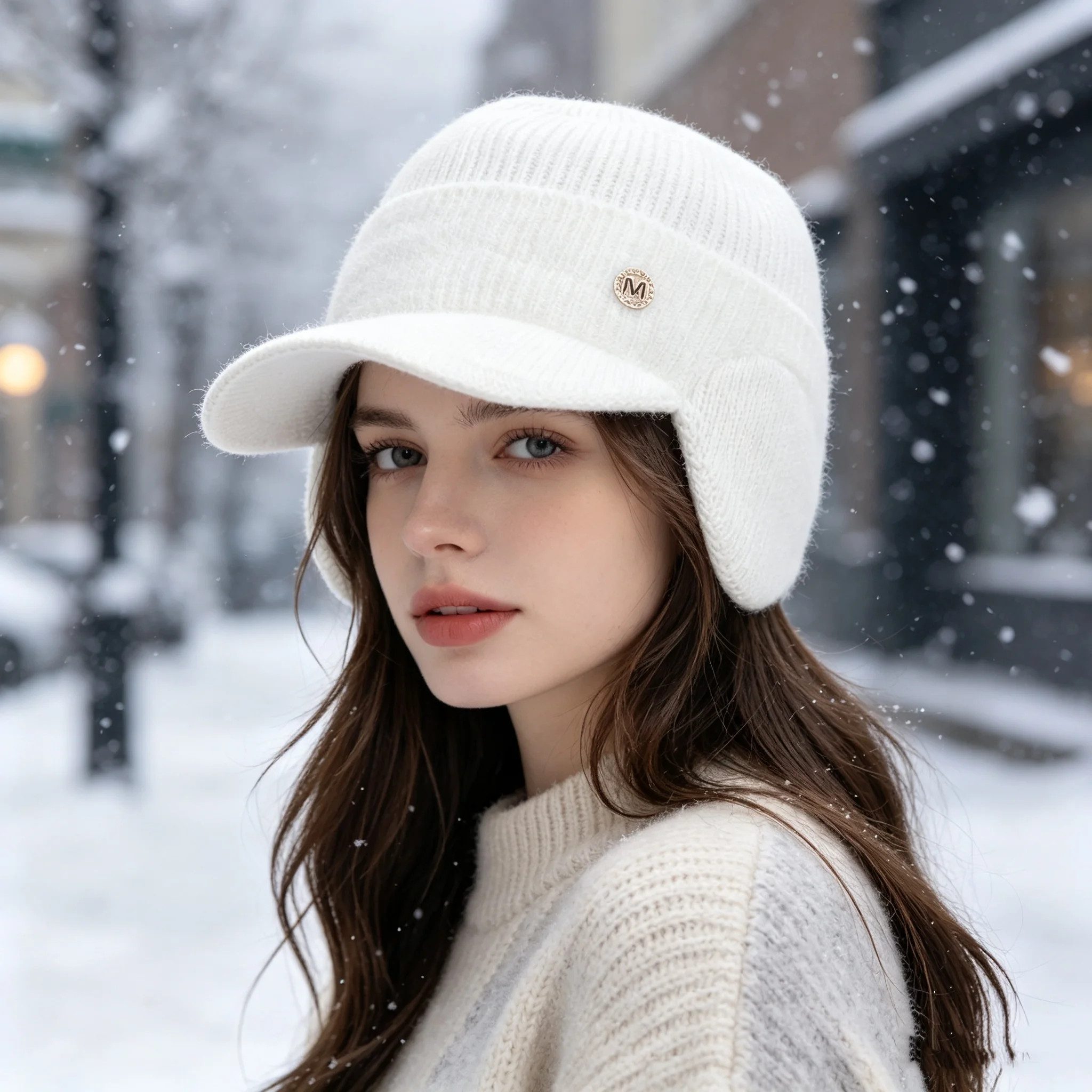 Autumn and Winter Women's Fleece-Like Knitted Earflap Baseball Cap with Side m Letter Metal Logo, Short Brim, Warm Hat, Thickened Plush, Cold-Proof, Outdoor Skiing Versatile Beanie, Available in Multiple Colors