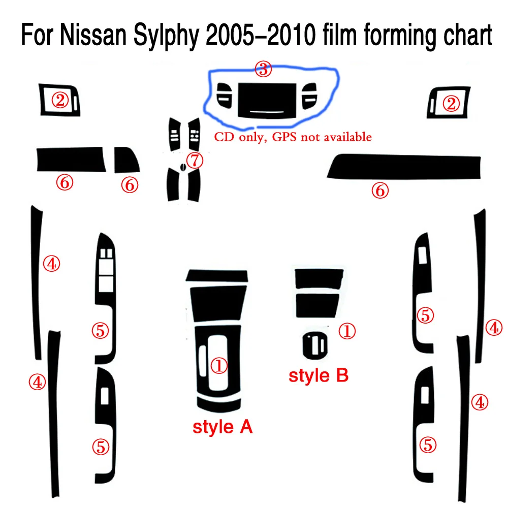 For Nissan Sylphy Bluebird G11 Interior Central Control Panel Door Handle Carbon Fiber Sticker Decals Car styling Accessorie