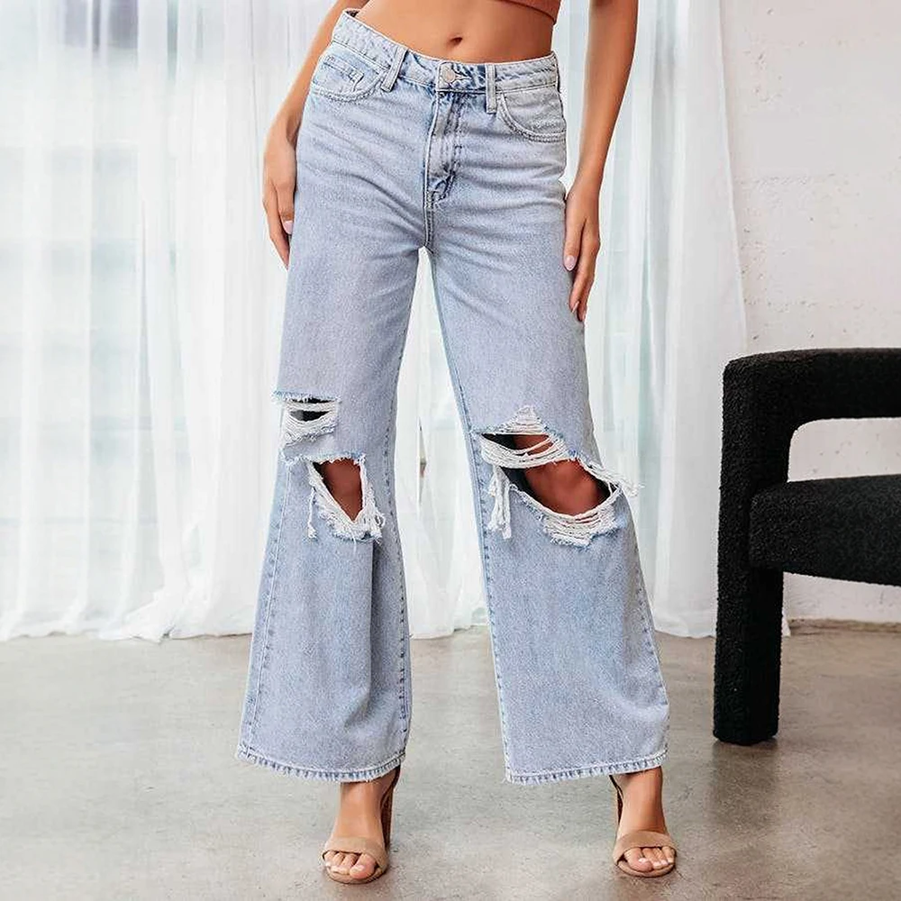 Women's Jeans All Season Korean Daily Ripped Hollow Out Natural Waist Ankle Straight Streetwear Jeans