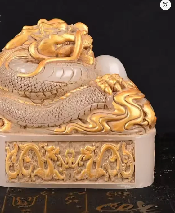 Antique Chinese Dragon Imperial Seal, Gilded Artificial Stone Sculpture for Wealth Authority Blessing Feng Shui Ornament