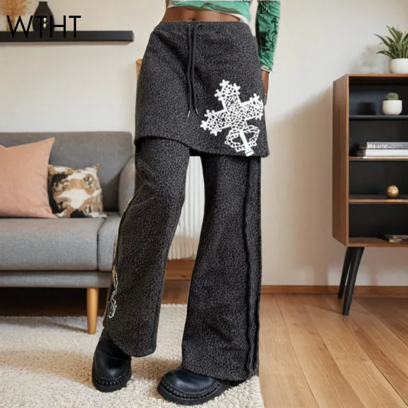 WTHT New Fashion Women's Leopard Print Fake Two-piece Warm Pants 2024 Winter Bandage High Waist Straight Trousers Female 1LS497