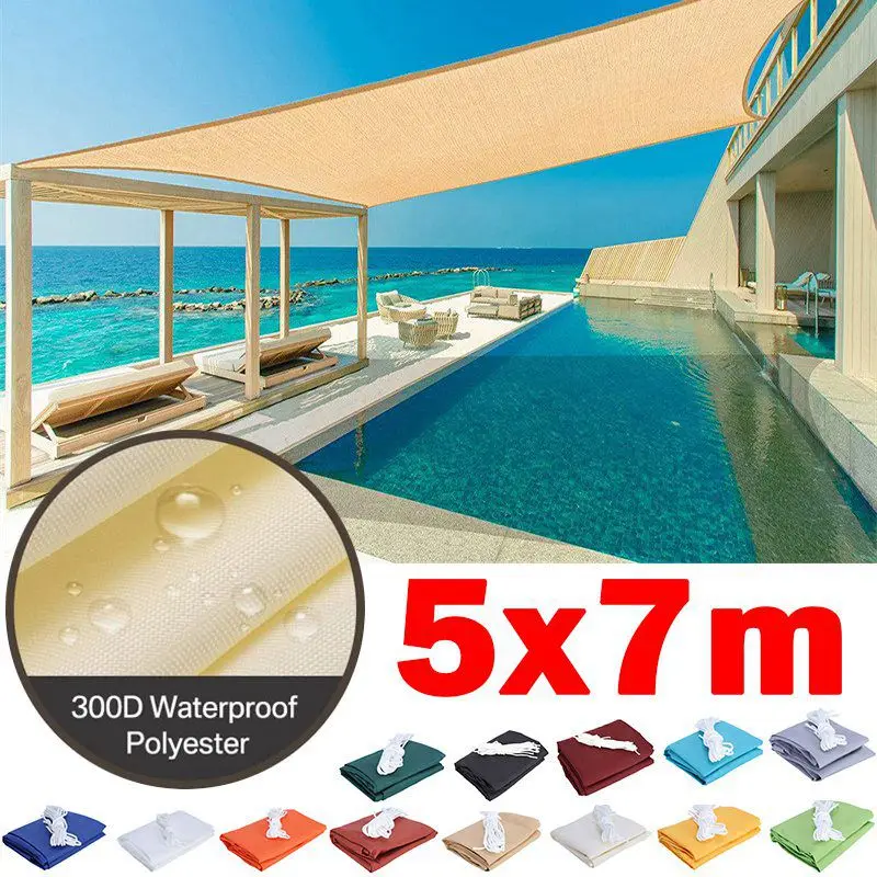 5x7m Rectangle 300D Polyester Sun Shade Sail Waterproof Garden Gazebo Solar Sail Patio Pool Sun Canopy Sun Shade Camping Awning