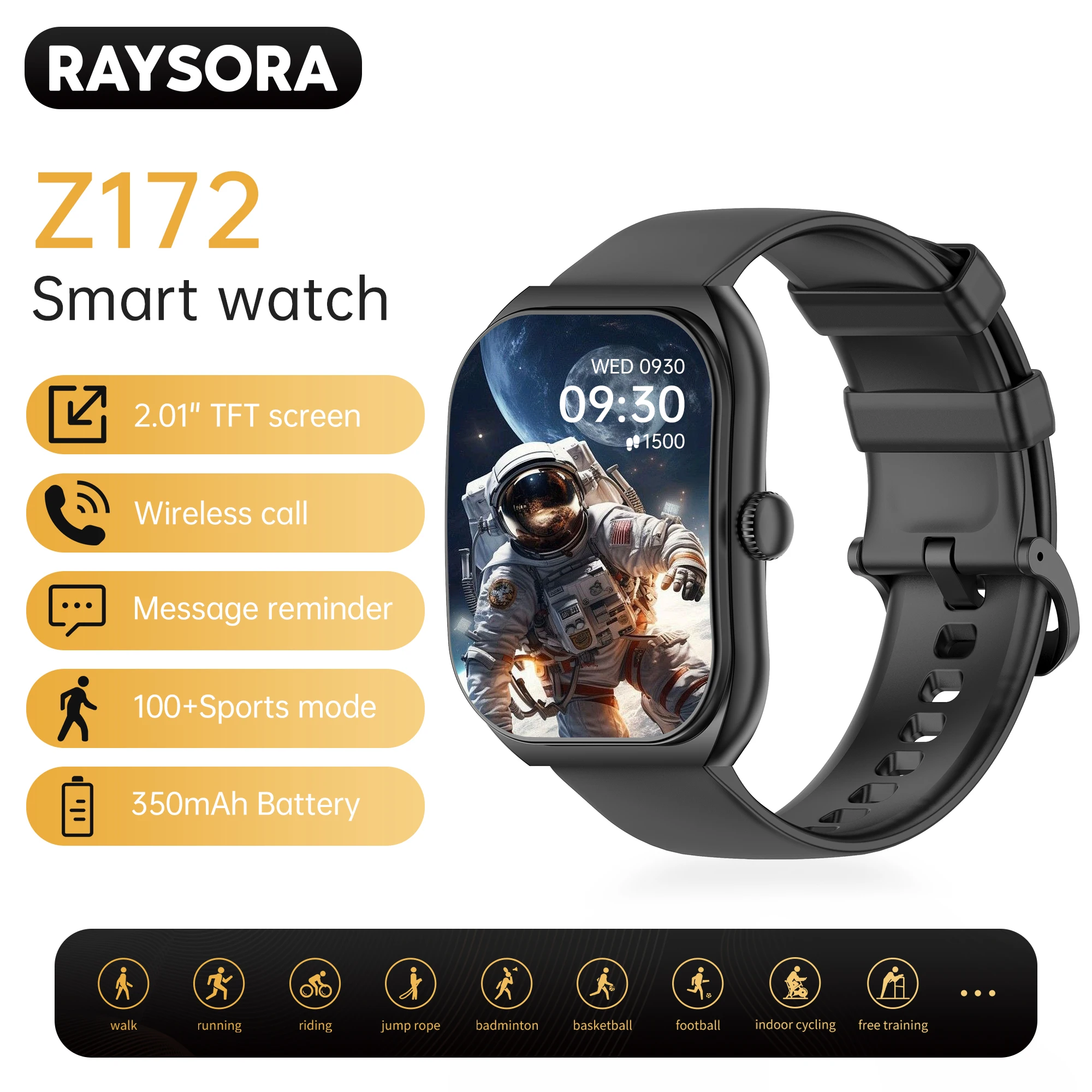 

Умные часы RAYSORA, батарея с длительным сроком службы 350 Ач, 2,01 дюйма, оповещение о входящем вызове, сидячее оповещение, шагомер, мультиспортивный режим