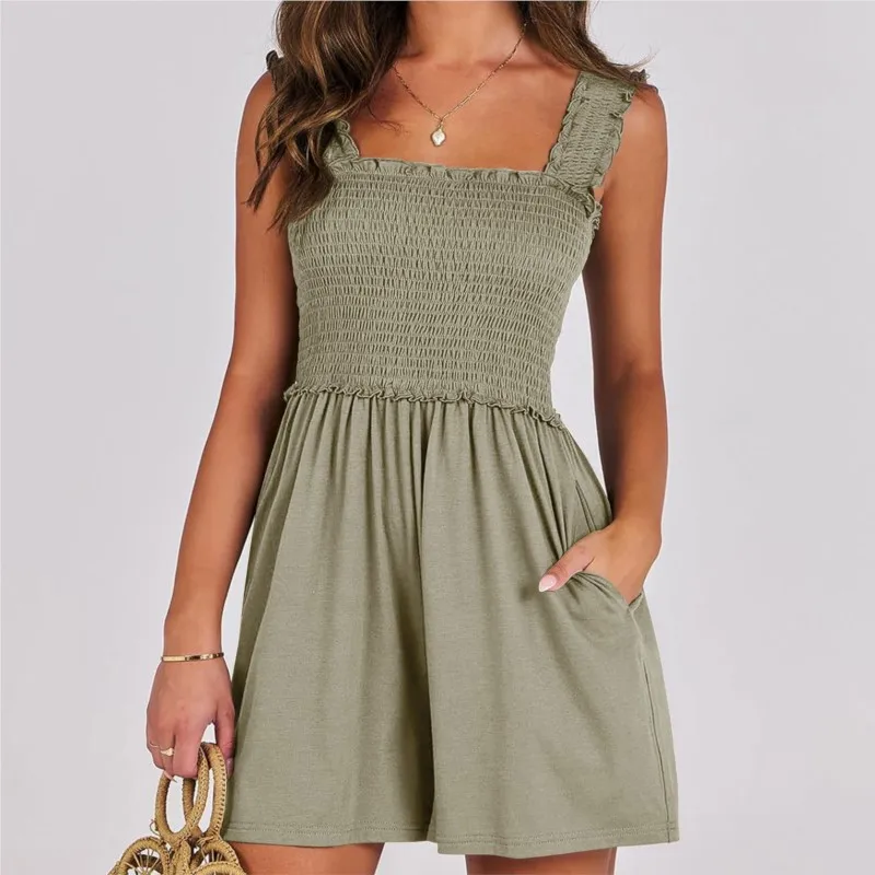 

Brace Jumpsuit Women's 2024 Casual Versatile Wide Leg Short Playsuit Solid Color Pocket Patchwork Woman Romper Summer Fashion