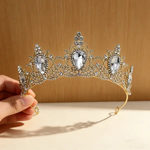 Luxurious Branches Leaves Water Droplets Diamond Crown Gilded Fully Inlaid Imitation Crystal Hair Crown Palace Style Banquet