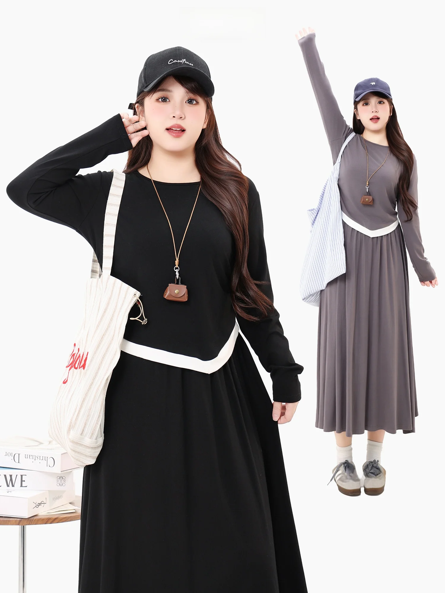 

Комплект из двух предметов для женщин больших размеров: футболка с коротким рукавом и юбка миди с эффектом похудения, осенняя коллекция