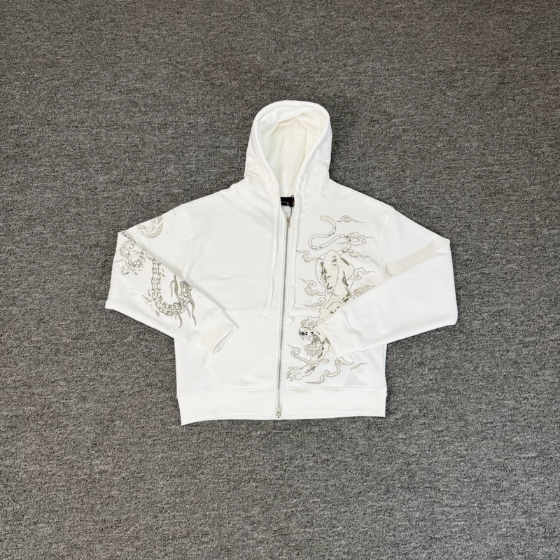 Double Zipper Derschutze Hoodie Front Embroidery Tiger Pattern Sleeve Dragon Label Pullovers American Loose Sweatshirts Clothes