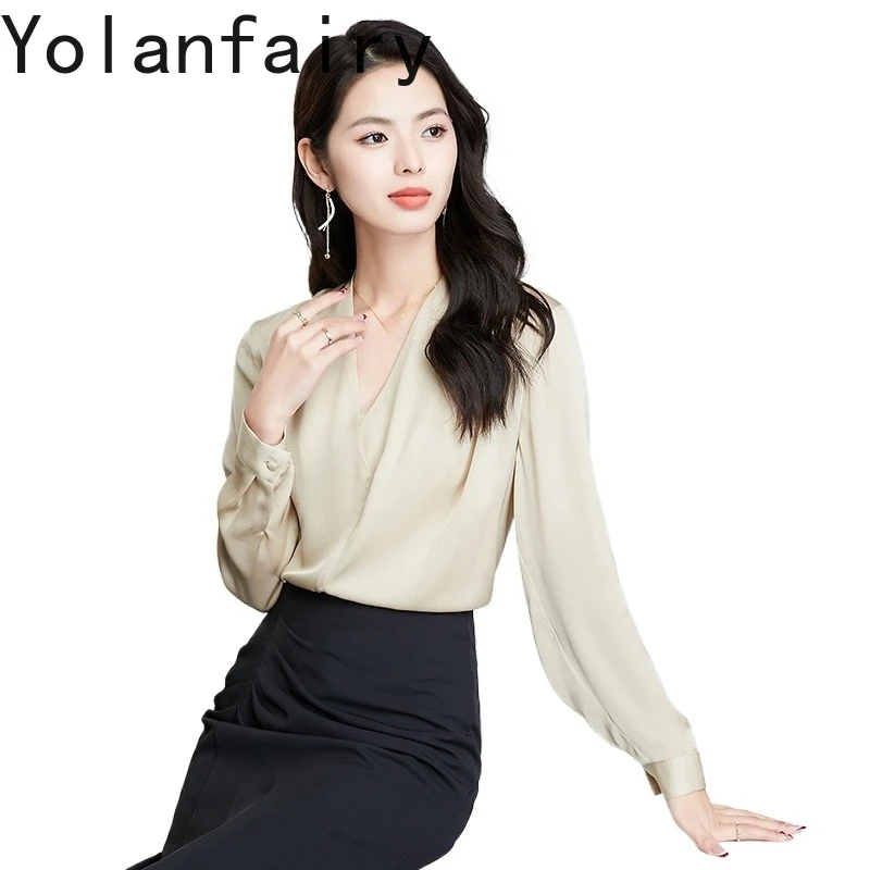 

YOLANFAIRY 19MM 92.3% Mulberry Silk Blouses for Woman Elegant Spring 2026 Long Sleeve Shirt V-neck High-end Shirts Women Blouse