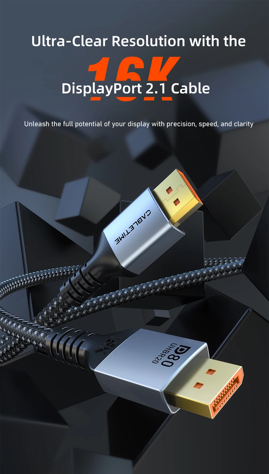 CABLETIME 16K DisplayPort-Kabel DP 2.1 8K@120Hz 4K@240Hz 80 Gbit/s HDR-Video-Audiokabel für HDTV-Kamera-Projektor PC-Display-Port – Detail 1