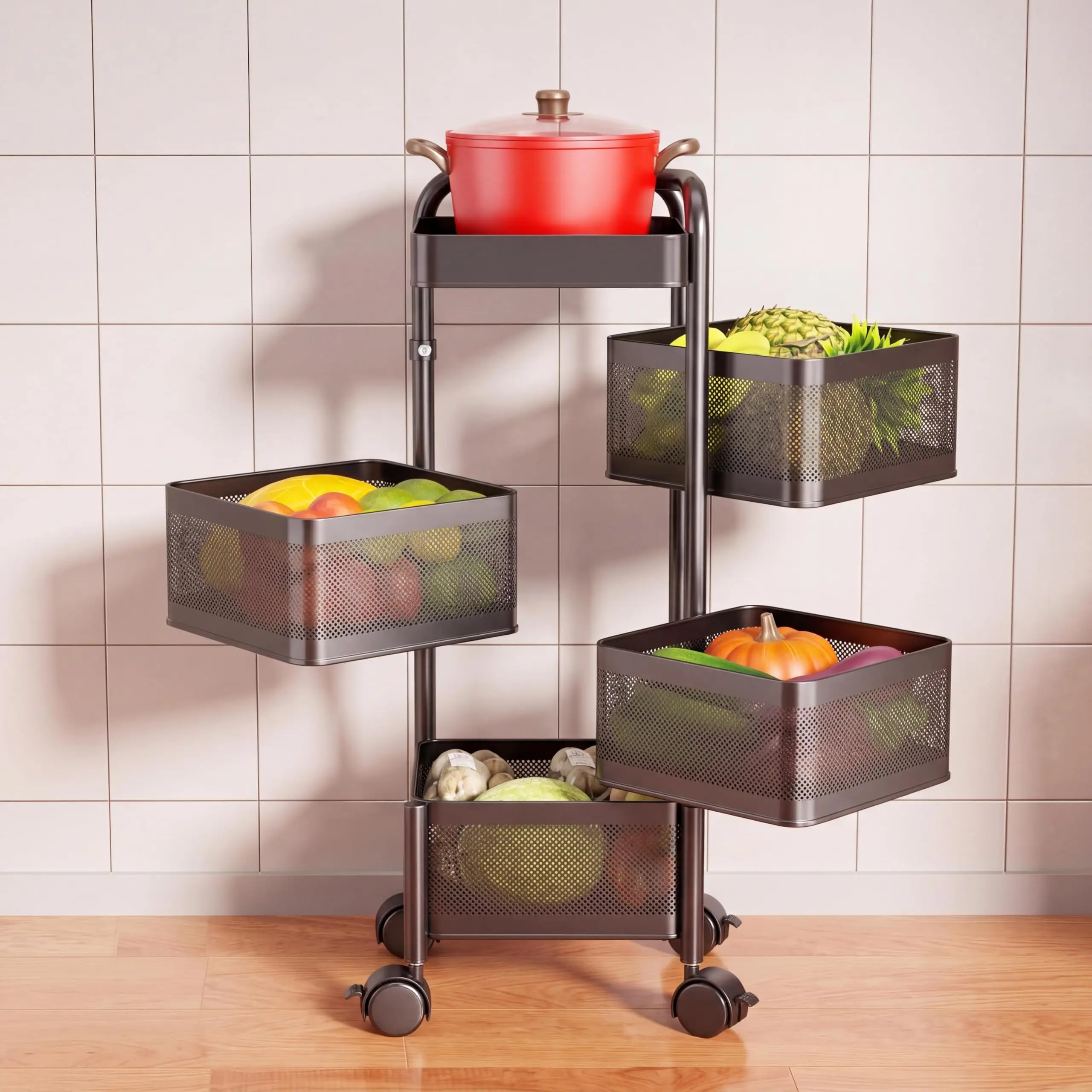 

4 5 Tier Rotating Kitchen Storage Cart Thickened Carbon Steel With Wheels Top Lid Fruit Vegetable Basket Mobile Produce Organizer Utility Rack For Bathroom Living Room No Assembly Required