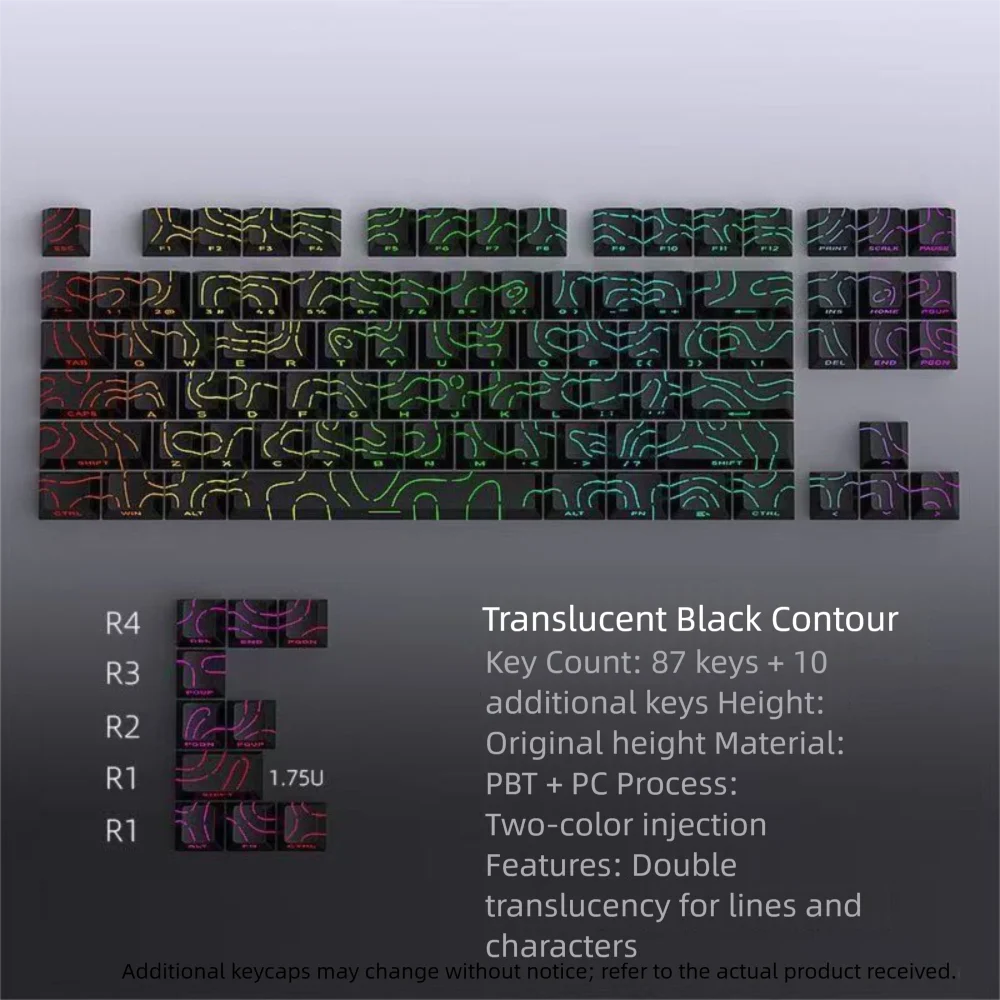 97 Keys PET Mechanical Keyboard Keycaps Sidelit Light White Contour Lines Double Shot Keycaps Translucent Cherry Profile