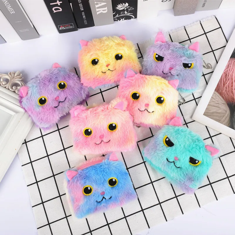 Kawaii Colorful cartoon plush kitten coin wallet keychain Children Earphone Organizer Bag Pendant Key Ring Girls Gifts