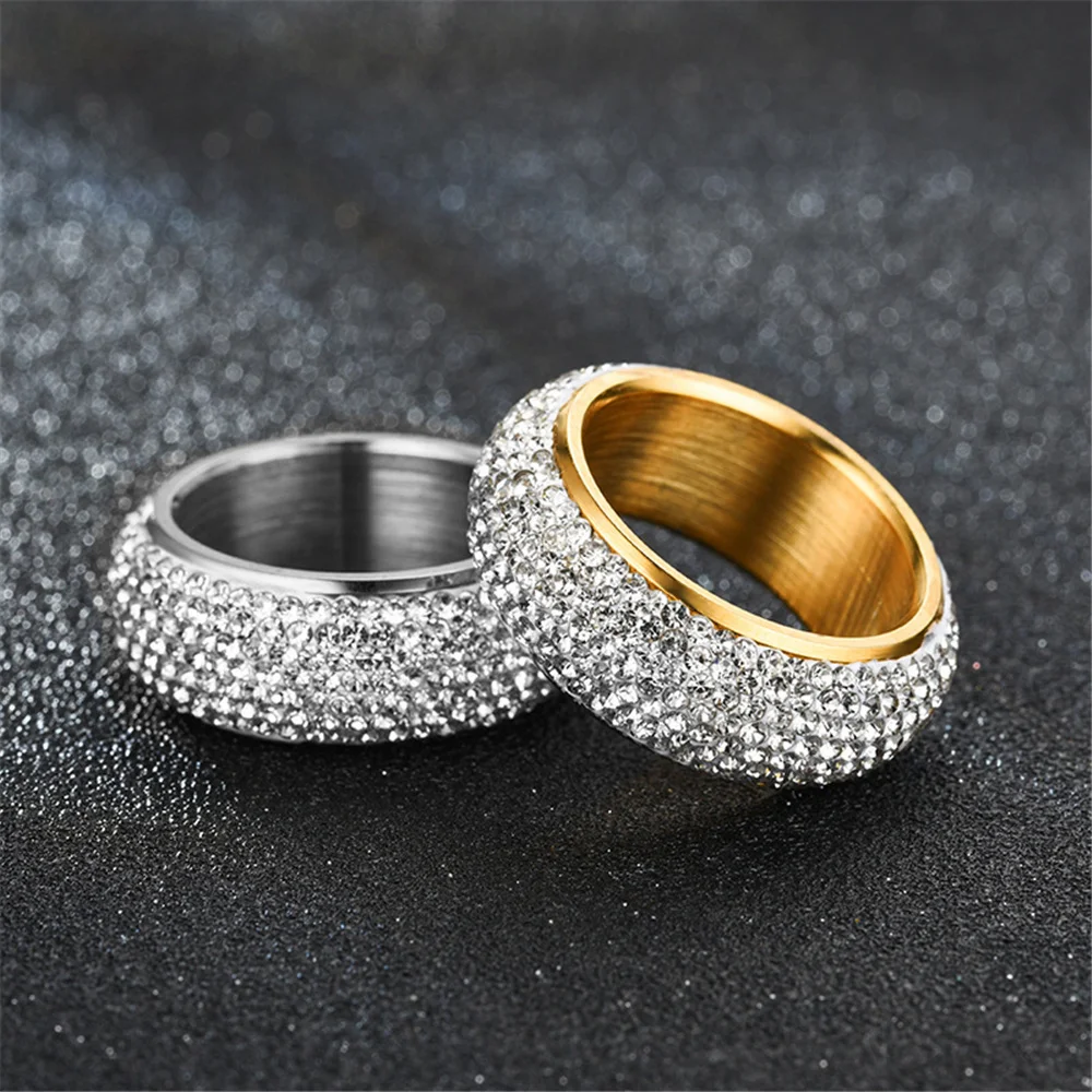 Hip Hop Iced Out Bling Arc Circle Ring Gold Silver Color Stainless Steel Cubic Zirconia Wedding Rings For Women Men Jewelry Gift