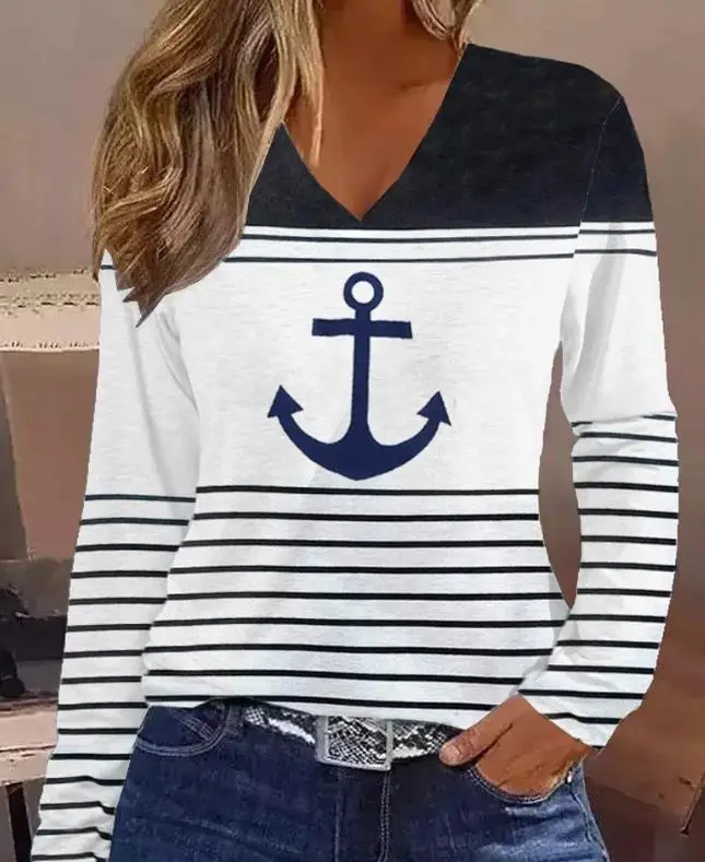 Fashion Women Bloues 2023 Autumn Anchor Print Striped Colorblock V-Neck Long Sleeve Top Casual Female T-Shirts Pullovre Clothes