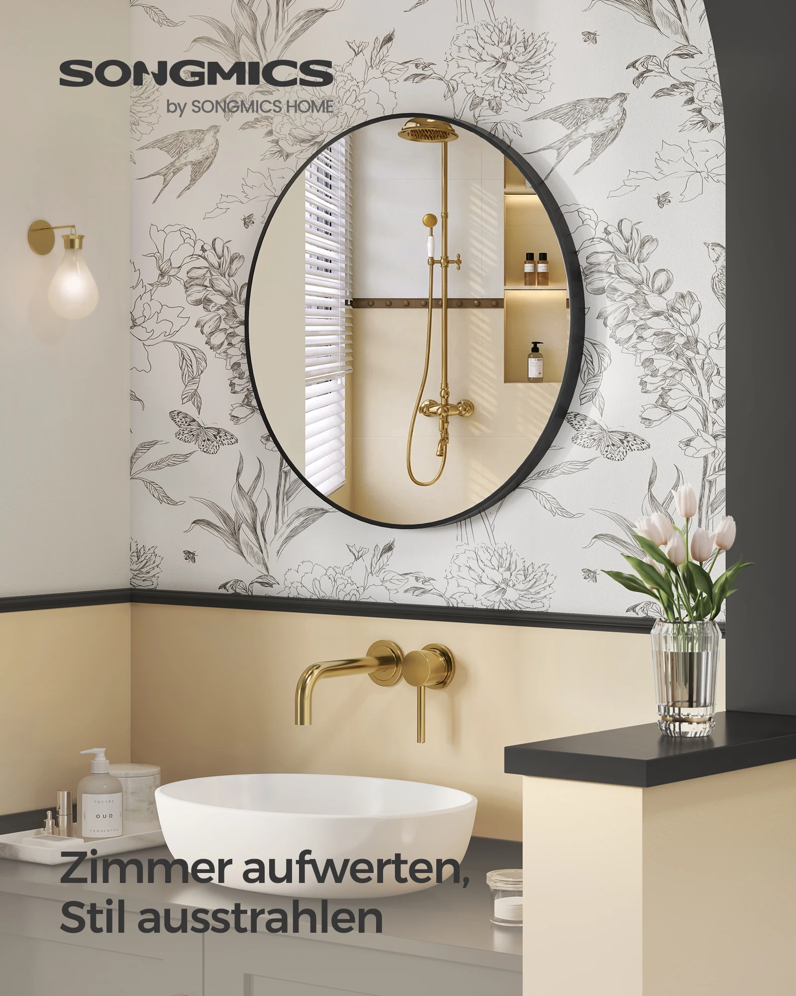 SONGMICS Wandspiegel, Spiegel rund, Ø 76 cm Badezimmerspiegel, Metallrahmen, einfache Montage, modern, für Bad, Wohnzimmer