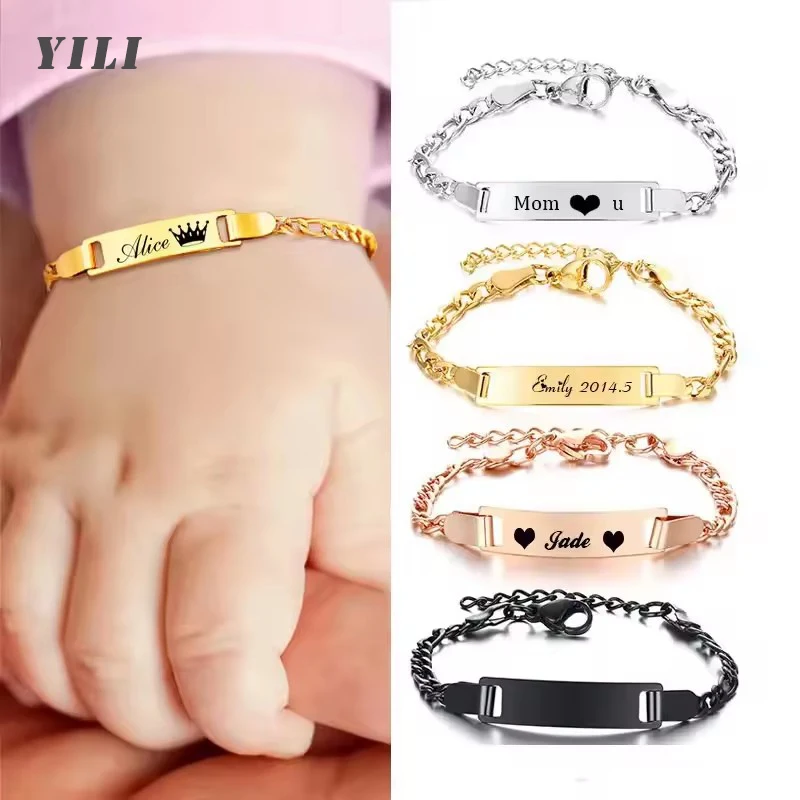 Custom Name Bar Bracelet for Boy Girls Stainless Steel Personalized Engraved Name Baby Bracelets for Children Customized Gift