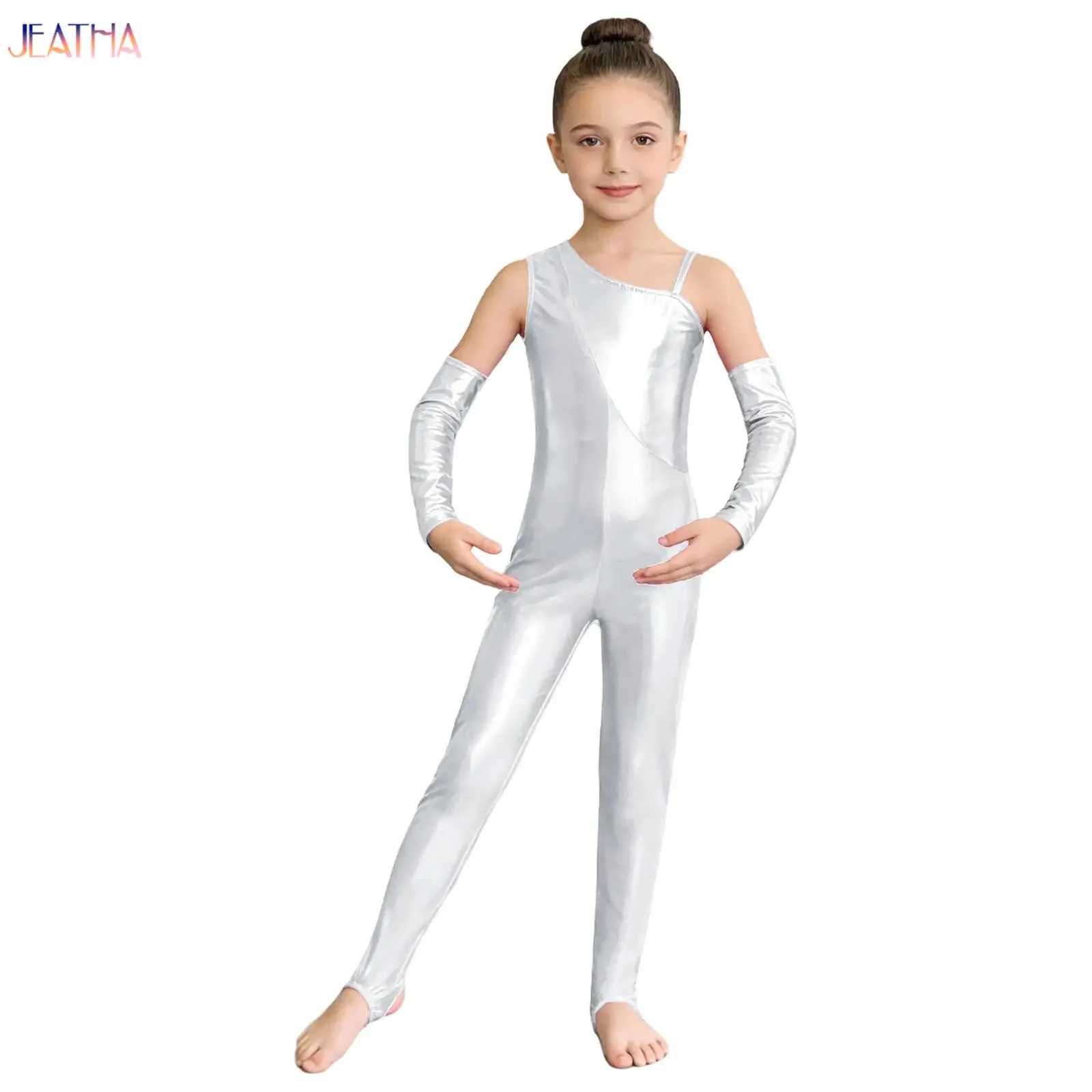 

Children Shiny Long Sleeve High Collar One-piece Suits Dance Leotard Gymnastics Unitard Biketard Dancewear For Teens Kid