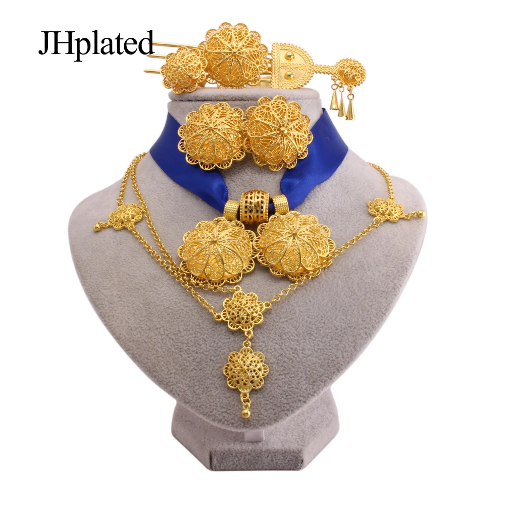 Ethiopian gold plated Jewelry sets earrings hairpin necklace bracelet rings African wedding gifts India Black rope set for women