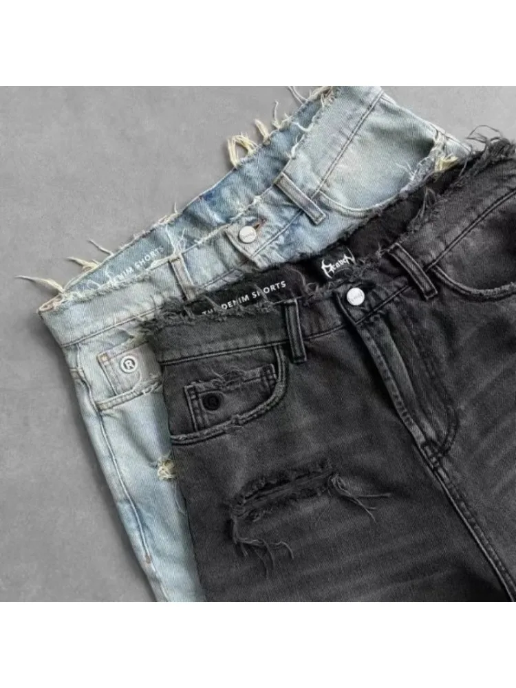 HOUZHOU Washed Ripped Short Jeans Women and Man Hole Embroidery Wide Leg American Retro Jorts Baggy Casual Streetwear Summer