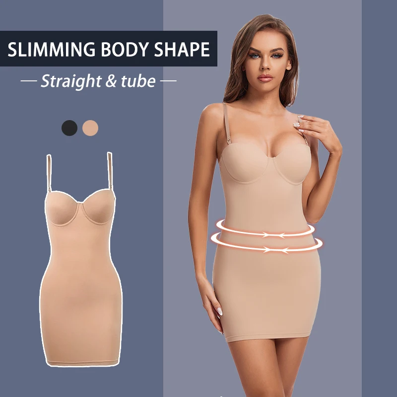 WECHERY-Coxa Comprimento Stretch Shaper Vestido para Mulheres, Tubo Shapewear, Controle Party, Slip Underwear, Sexy Strap Underdress, Nude Black