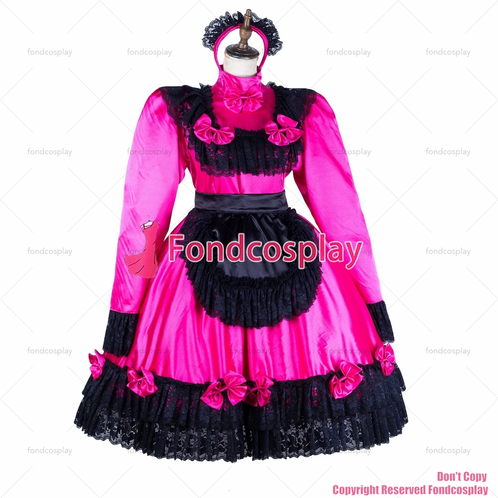 fondcosplay adult sexy cross dressing sissy maid long hot pink satin dress lockable black lace apron Uniform CD/TV[G2050]