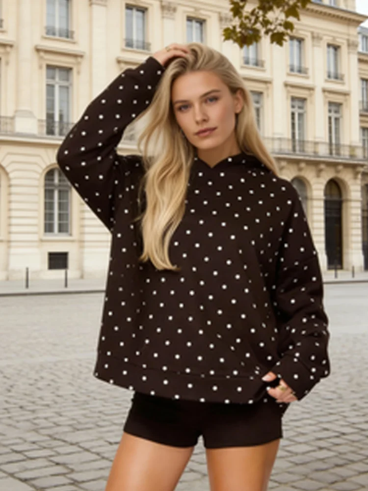 

Classic Women Print Polka Dot Loose Hooded Pullover Sweaters Chic Long Sleeve Oversize Round Neck Top Lady Daily Street Wear
