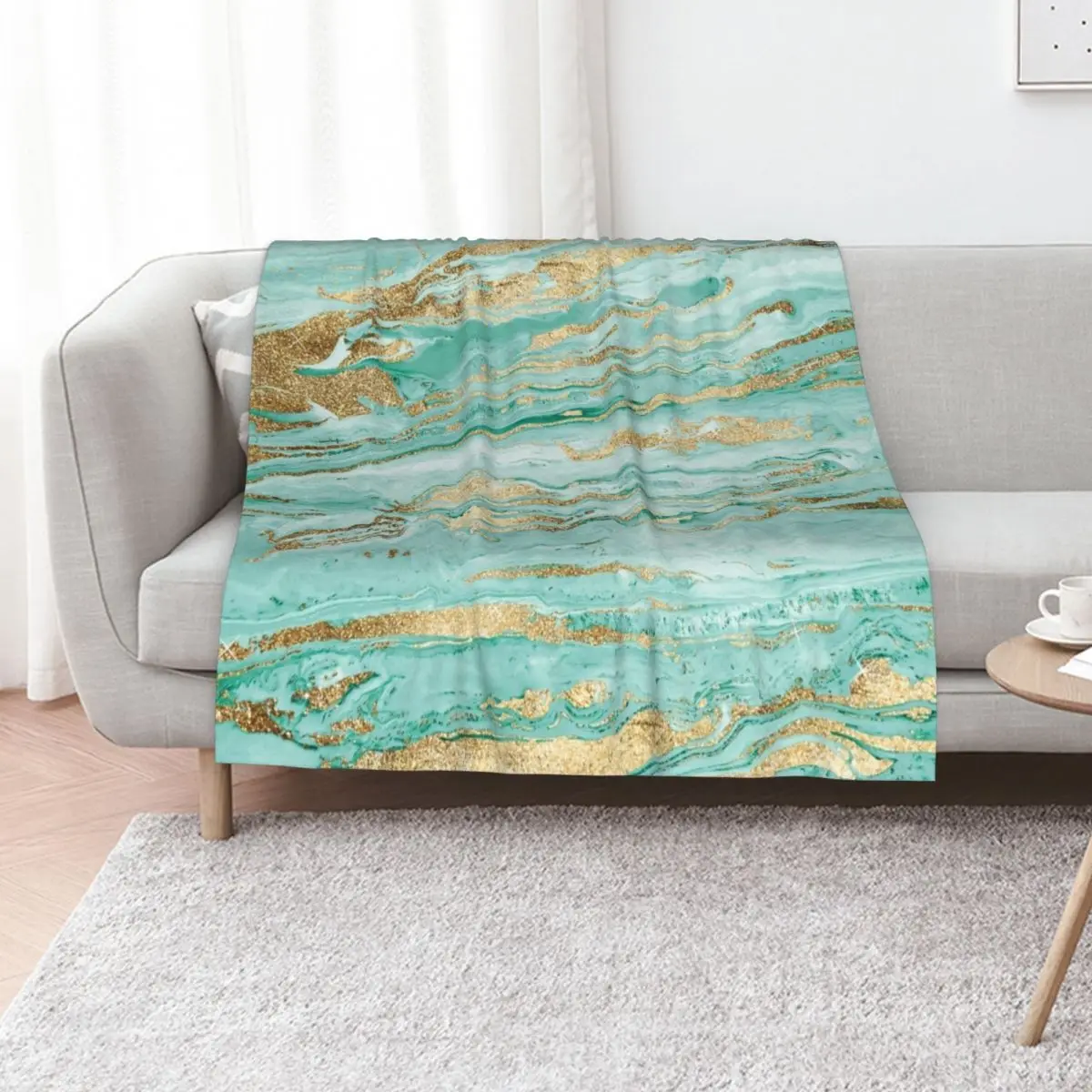 

Abstract Mint Gold Marbleized Paint Throw Blanket Soft Sherpa Fleece Warm Blanket for Winter