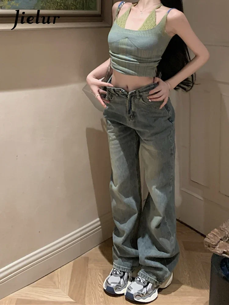 

Jielur Summer New Korean Chic Women's Jeans High Street High Waist Fashion Denim Pants Woman Sexy Slim Sweet Sleeveless Top