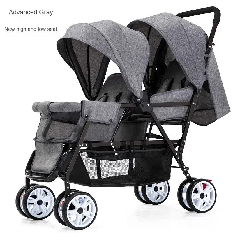 Nieuwe Twins kinderwagen voor- en achterbank, twee personen kunnen zitten en liggen, lichtgewicht opvouwbare kinderhandkar kinderwagen