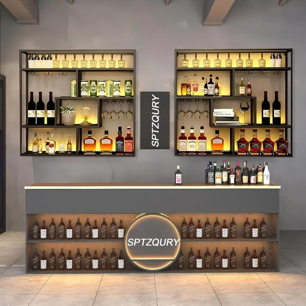

Large Wall Mounted Wine Rack, 4 Tier Wall Mount Bottle Rack with Glass Holder, Industrial Metal Floating Bar Liquor Bottles Disp