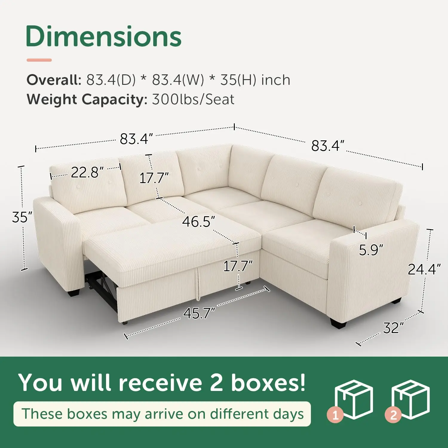 Corduroy Sectional Sleeper Sofa with Pull Out Bed, 5 Seaters 83.4 Inch Setional Couch for Living Room Apartment,, Customized