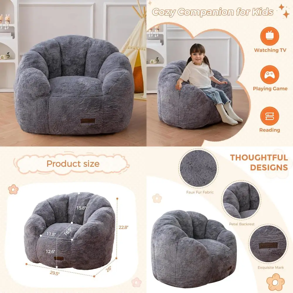 Floral-Patterned Bean Bag Chair for Kids: Soft Faux Fur Toddler Sofa with Petal-Shaped Backrest for Boys and Girls
