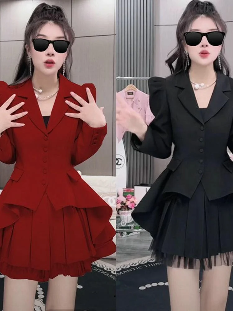 Fashionable Princess Style Suit Set Jacket British Irregular Short Skirt Trendy Cute Sweet Youthful Spring Collection Polyest...