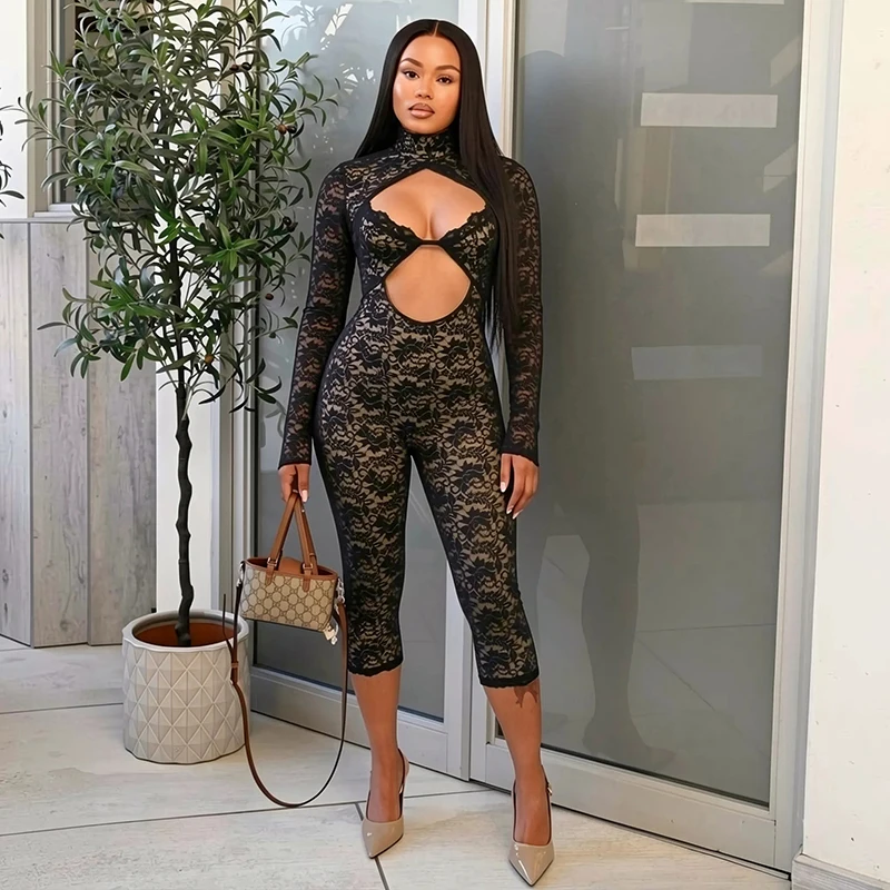 Fake two and a half high neck lace sexy spicy girl hollow out long sleeved seven part jumpsuit pants