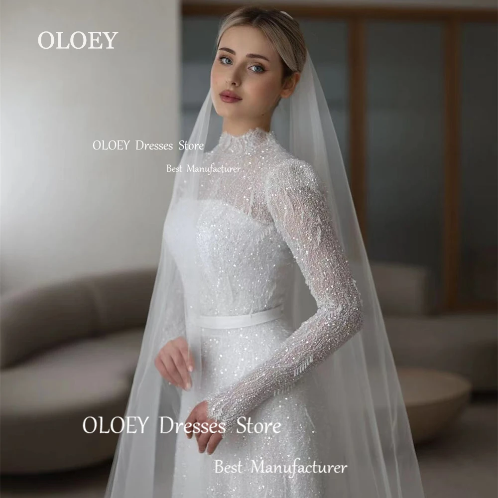 OLOEY Exquisite Glitter Ivory Lace Wedding Dresses High-Neck Long Sleeves Vestido De Noiva Floor Length Sweep Train Zip Corset