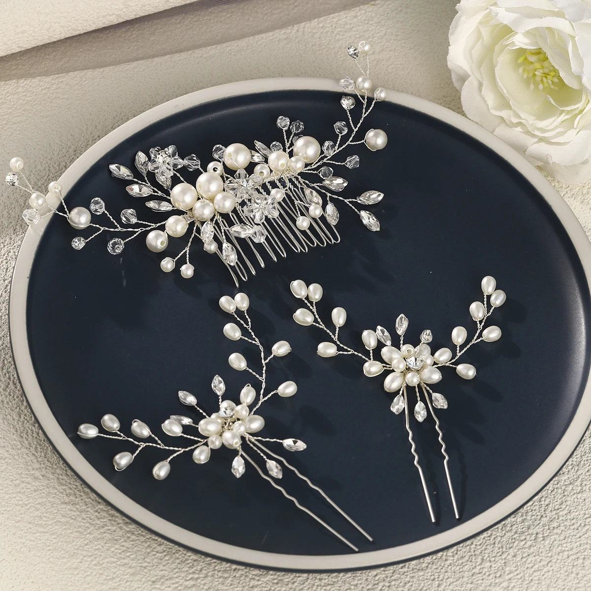 3pc Fashion Bridal Wedding Pearl Flower Hair Comb＆Hair Pin Set Elegant Crystal Hair Clips Bridesmaids  Jewelry Hair Accessories