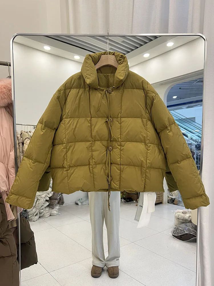 

Winter new down jacket women 2025 Korean version loose stand up collar and lace up casual white duck down jacket trendy